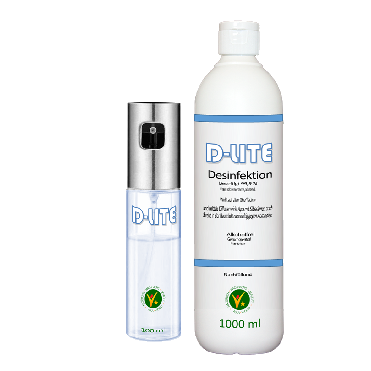 D-LITE  Premium-Sprayflasche  und Silber Ionen Desinfektion