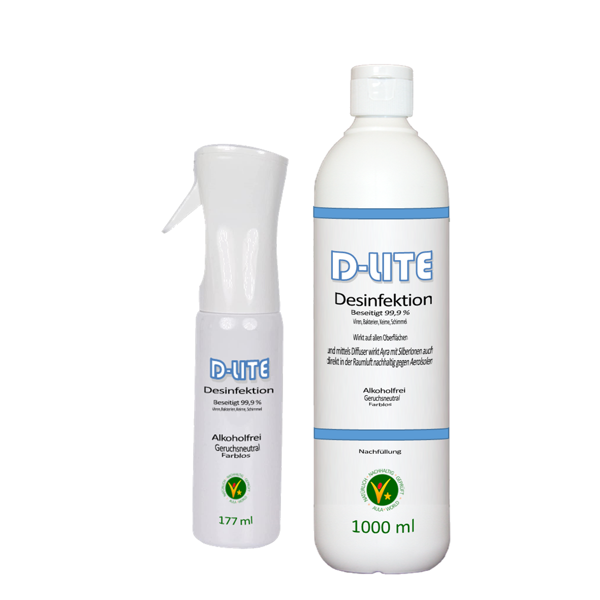 D-LITE  Premium Aero-Sprayflasche  und Silber Ionen Desinfektion